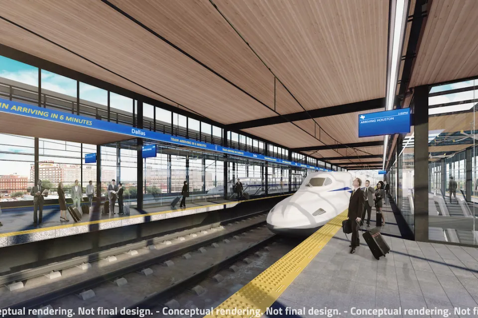 Rendering of Texas Central high-speed rail train stopped at covered platform in Dallas, Texas